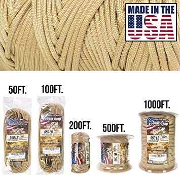 TOUGH-GRID 550lb Paracord/Parachute Cord - 100% Nylon Genuine Mil-Spec Type III Paracord Used by The US Military - (MIL-C-5040-H) - Made in The USA. 100Ft.