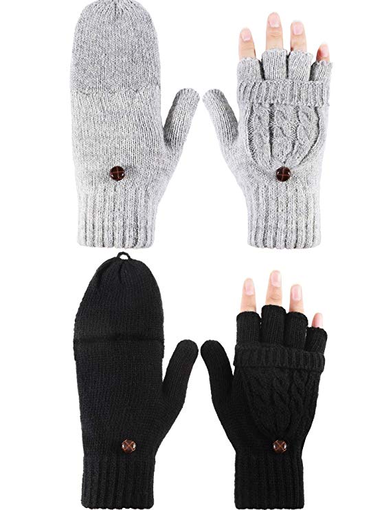 Tatuo 2 Pairs Women Fingerless Mittens Winter Convertible Gloves Knitted Half Finger Gloves with Cover