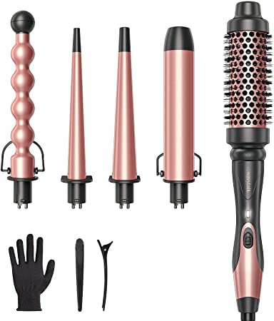 Wavytalk 5 in 1 Curling Iron,Curling Wand Set with Curling Brush and 4 Interchangeable Cermic Curling Wand(0.35”-1.25”),Instant Heat Up,Include Heat Protective Glove & 2 Clips