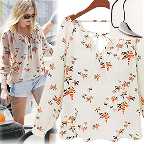 Lookatool Women's Casual Long Sleeve Tether Blouse Chiffon Floral T-Shirt