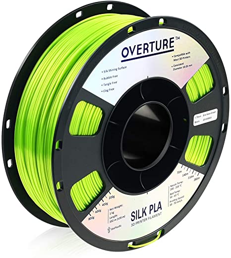 OVERTURE Silk Filament PLA 1.75mm Clog-Free Shiny 3D Printer Consumables, 1kg Spool (2.2lbs), Dimensional Accuracy  /- 0.05 mm, Silk Neon Green