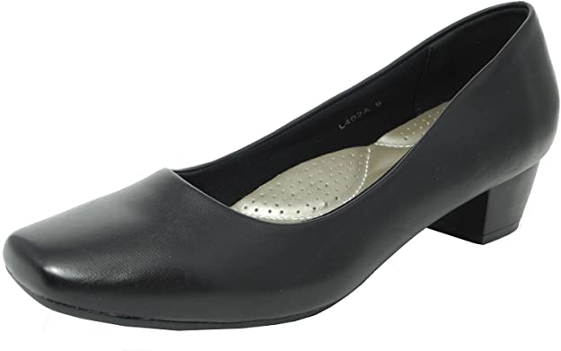 Womens Ladies Leather Lined Comfortable Ultra Padded Insole Black Low Heel Court Shoes Size 2 3 4 5 6 7 8 9