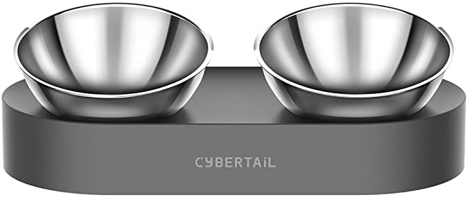 PETKIT CYBERTAIL Elevated Dog Cat Bowls with 2 Stainless Steel Bowls, 15° Tilted Raised Cat Food and Water Bowls, Stress Free Food Grade Material, Nonslip No Spill Pet Feeding Bowls