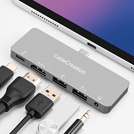 USB C Hub for iPad Pro 2020/2018, CableCreation 5 in 1 Hub with 4K@60Hz HDMI HDR, 2 USB 3.0, 3.5mm Audio and 100W PD, Aluminum USB-C Dock Adapter for New iPad Pro, MacBook Pro and More
