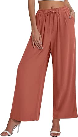 Bloggerlove Womens Linen Palazzo Pants Summer Casual Boho Wide Leg High Waist Lounge Beach Trousers with Pockets