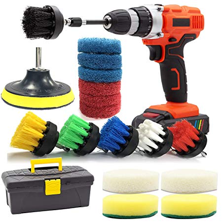 Drill Brush and Scrub Pads, GOH DODD 20 Pieces Power Scrubber Set Small Cleaning Brushes with Long Reach Attachment in Big Tool Box For Carpet, Tile, Shower Track, and Grout Lines