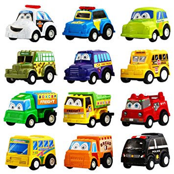 Pull Back Car, 12 Pack Assorted Mini Plastic Vehicle Set,Funcorn Toys Pull Back Truck and Car Toys for Boys Kids Toddler Party Favors,Die Cast Car Toy Play Set