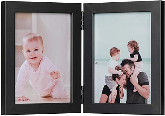 ONE WALL 5x7 inch Hinged Double Picture Frame Tempered Glass Black Folding Photo Frames with 2 Openings Display Two 5x7 Photos for Wall Hanging & Stands Vertically on Desktop or Tabletop