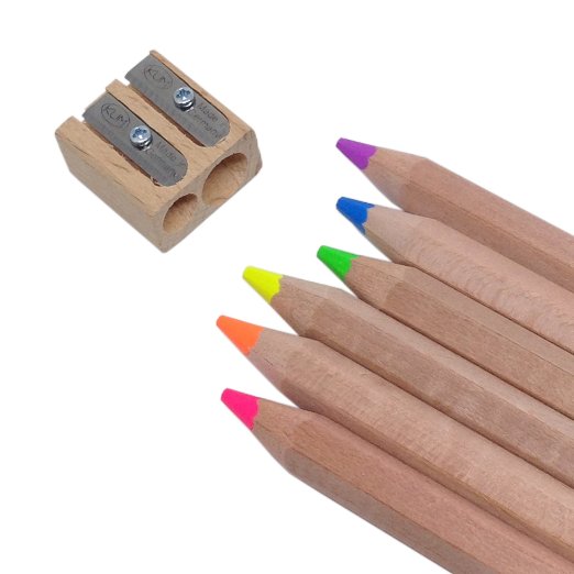 Eco Highlighter Pencils - NEW now with Purple! Set of 6 Jumbo Size Neon Colors - Will Not Bleed or Dry Out - Includes Wooden Sharpener