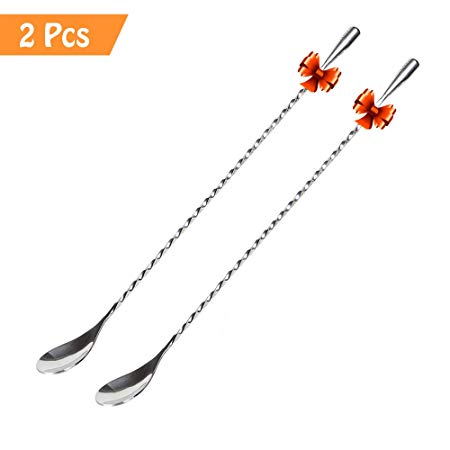 2Pcs/set Mixing Spoon, Luxsego Cocktail Shaker Spoon With Spiral Pattern, 12'' Extra Long Stainless Steel Barware Stirring Spoon for Ice Cream, Coffee, Milkshakes, Juice, Tea, Drink (Silver)