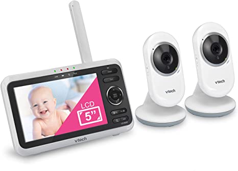 [Newly Upgraded] VTech VM350-2 Video Monitor with Battery supports 12-hr Video-mode, 21-hr Audio-mode, 5" Screen, 2 Cameras, 1000ft Long Range, Bright Night Vision, 2-WayTalk, Auto-onScreen, Lullabies