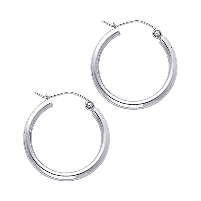 14k White Gold 2mm Thickness Hinged Hoop Earrings - 10 Different Size Available