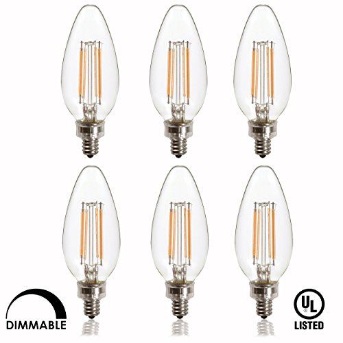 Dimmable LED Candelabra Bulb- Filament - 6 PACK- UL Listed- 5 Watt- 400 Lumen- E12 Base- 2700K- Indoor or Outdoor