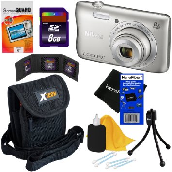Nikon COOLPIX S3700 20.1 MP Wi-Fi Digital Camera with 8x Optical Zoom & HD 720p video (Silver) - International Version (No Warranty)   7pc Bundle 8GB Accessory Kit w/ HeroFiber Gentle Cleaning Cloth