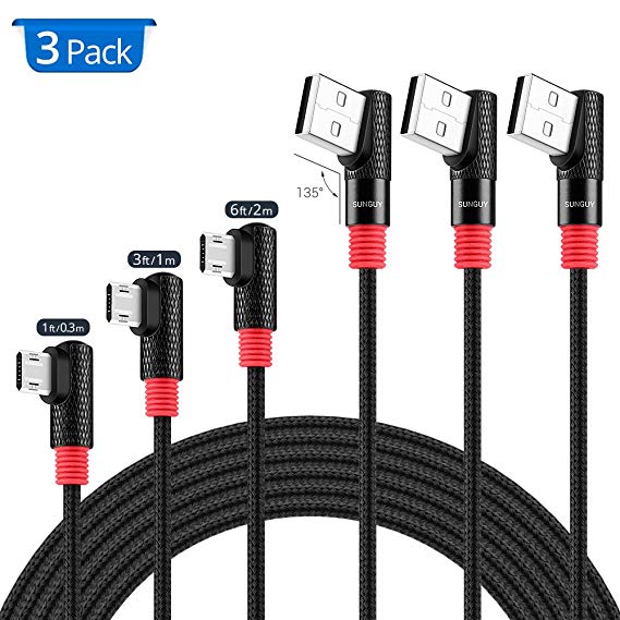 Right Angle Micro USB Cable,SUNGUY [3-Pack] 1FT/3FT/6FT 90 Degree Braided Reversible Double Sided Fast Charging & Data Sync Cord for Samsung Galaxy S6 S7 Edge,Moto G5 G5S Plus,Sony Xperia Z5 and More