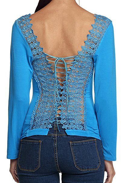 Finejo Women Sexy Long Sleeve Corset Backless Embroidered Lace Up Shirt Top Blouse