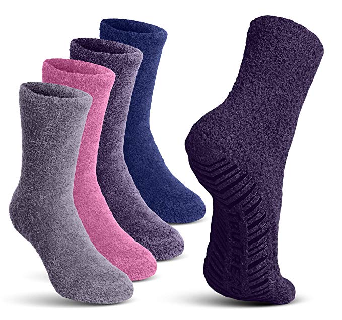 TruTread Fuzzy Socks for Women & Men - Non Slip/Skid Hospital Crew Socks-4 Pairs