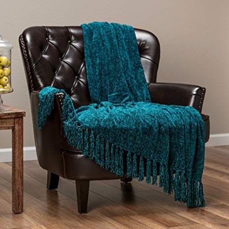 Chanasya Chenille Velvety Texture Decorative Throw Blanket with Tassels Super Soft Cozy Classy Elegant with Subtle Shimmer for Sofa Chair Couch Bed Living Bed Room Blue Throw Blanket (50"x65") - Teal