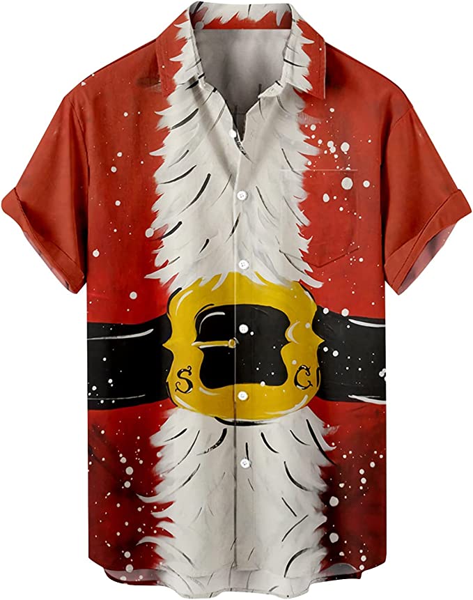 WOCACHI Christmas Button Down Shirts for Mens Short Sleeve Funny Xmas Santa Claus Print Casual Party Designer Shirt