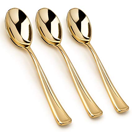 100 - Disposable Gold Spoons Looks Like Gold Plastic Silverware - Solid, Durable, Heavy Duty Cutlery