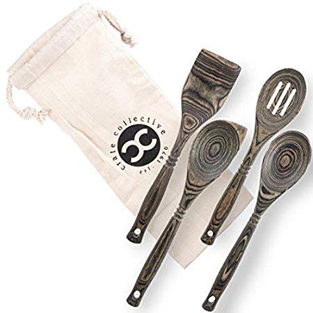Crate Collective Pakka Wooden Spoons Set - Exotic Pakkawood Utensils for Serving & Cooking - Non-Stick Spoon, Slotted Spoon, Corner Spoon, and Spatula for All Cookware - Lightweight & Heat Resistant