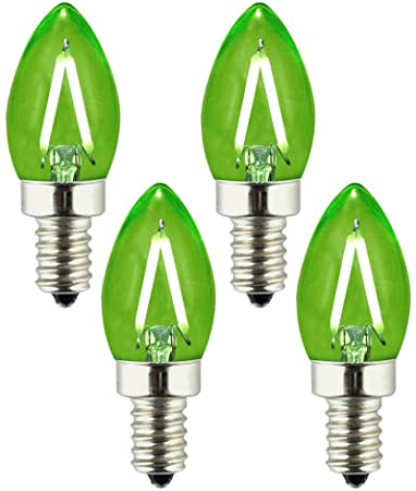 OPALRAY Green Light C7 Tiny Candelabra LED Bulb, 1W Dimmable, Clear Glass Cover, E12 Small Base, 150Lumens, 15W Incandescent Equivalent, Mini Torpedo Tip, Pack of 4