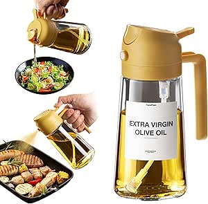 16oz Oil Dispenser Bottle for Kitchen - 2 in 1 Olive Oil Dispenser and Oil Sprayer - 470ml Olive Oil Bottle w/Stickers - Oil Sprayer for Cooking, Kitchen, Salad, Barbecue Yellow