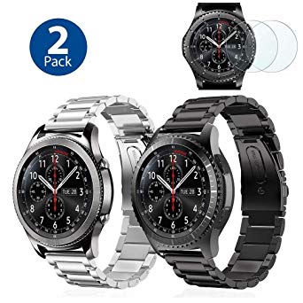 (2 Pack) I.P Stainless Steel Bands Compatible with Samsung Galaxy Watch 46mm Gear S3 Classic/Frontier Men XL Large, Heavy Duty Solid Metal Watch Band, 2X Screen Protector As Bonus