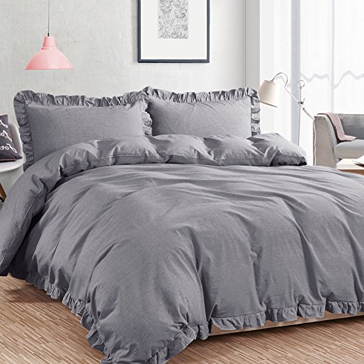 NTBAY 3 Pieces Duvet Cover Set Washed Cotton Solid Color with Exquisite Ruffles Design, Soft and Comfortable, Queen Size, Grey