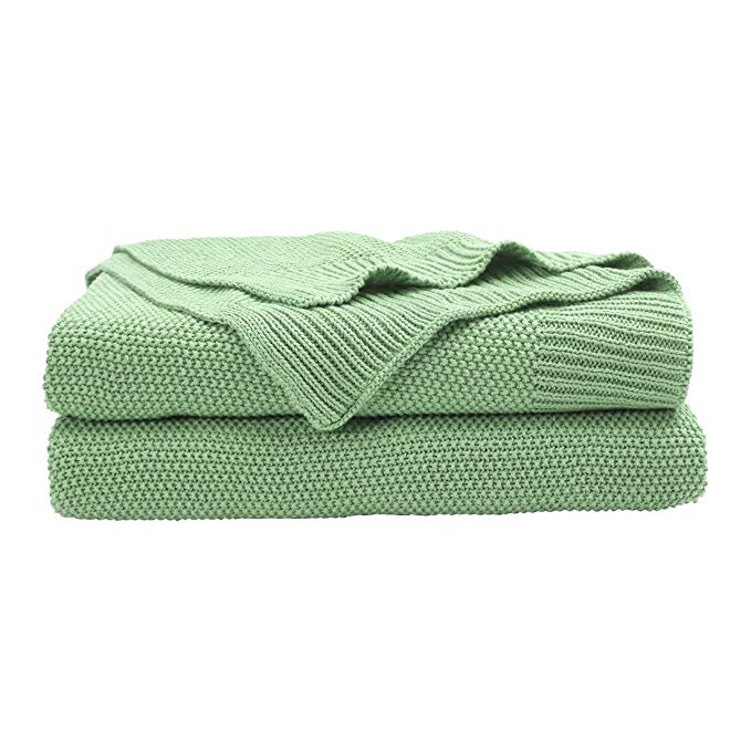 PICCOCASA 100% Cotton Knit Throw Blanket,Lightweight Solid Decorative Sofa Throws Soft Pale Green Knitted Throw Blankets for Sofa Couch,50" x 60",Pale Green