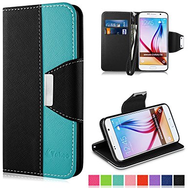Vakoo Galaxy S6 Case, Premium-PU Leather Flip Wallet Mobile Phone Protective Case Cover for Samsung Galaxy S6 (2015) - Black Blue