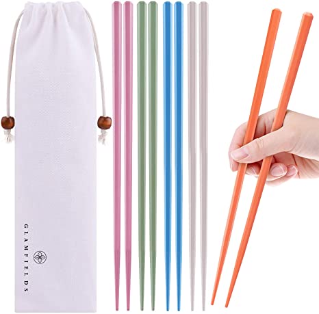 5 Pairs Fiberglass Chopsticks, GLAMFIELDS Reusable Japanese Chinese Chop sticks Dishwasher Safe, Lightweight, Non-slip, 9 1/2 inches - Multicolor with Multi-purpose Cotton Drawstring Bag Carrying Case