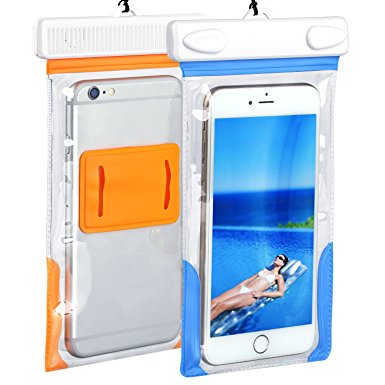 Waterproof Case [2 Pack] Aupek Cell Phone Dustproof Waterproof Snowproof Dry Bag with Clear Window up to 7.5 inch for iPhone 6 plus, Nexus 5 6, Htc one and More (Blue Orange)