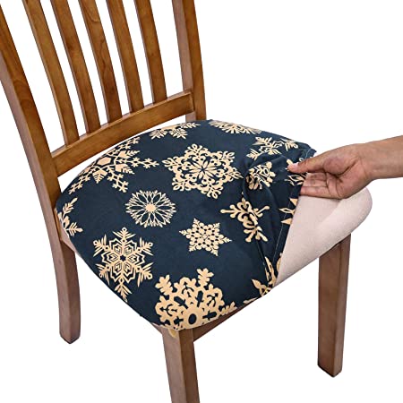 Comqualife Stretch Printed Dining Chair Seat Covers, Removable Washable Anti-Dust Upholstered Chair Seat Cover for Dining Room, Kitchen, Office (Set of 4, Blue Snowflake)
