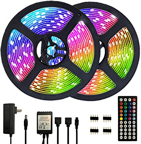 Segrass 32.8ft 5050 RGB Led Strip Lights，10M 300 LEDs Rope Lights, IP20 Non Waterproof Color Changing with 20 Colors 8 Light,LED Light Strips Kit with 44 Keys IR Remote Controller 12V Power Supply