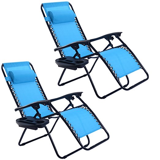 Goplus Zero Gravity Chairs, Lounge Patio, Folding Recliner, Outdoor Yard Beach with Cup Holder, Light Blue, 2 Piece