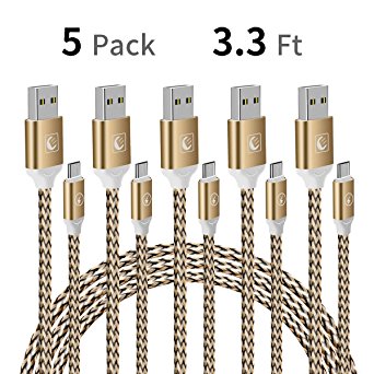 Micro USB Cable EMNT [5-Pack] (3.3ft X 5) Nylon Braided Durable Micro USB Cable High Speed USB A Male to Micro B Sync and Charging Cables for Android, Samsung, HTC, Nokia, Sony,Huawei(Gold)