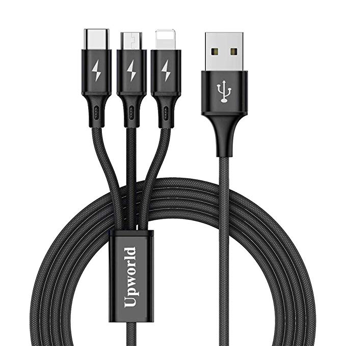 Multi Charging Cable, Upworld USB Cable 4ft 3 in 1 Premium Nylon Braided Multiple USB Fast Charging Cords Type C/Micro USB Connector for X 8/7Plus, Galaxy S9, Huawei, LG, Tablets and More (Black)