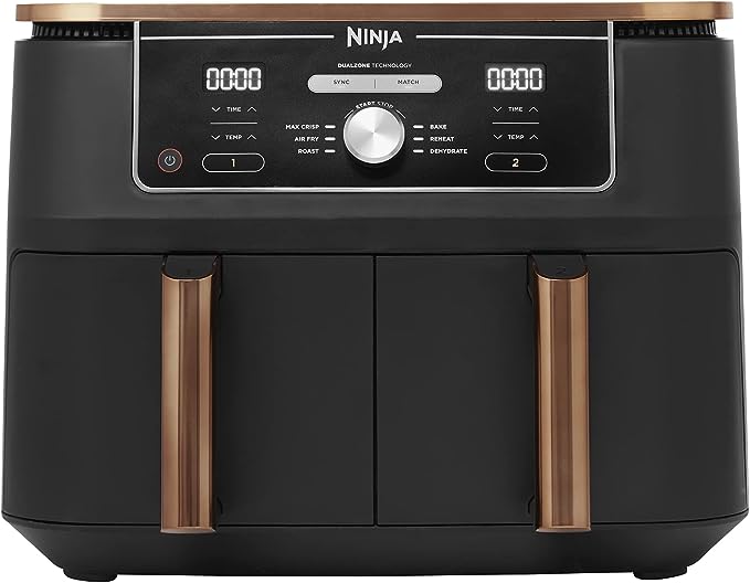 Ninja Foodi Dual Zone Air Fryer MAX   Tongs, 9.5 L, 2470 W, 2 Drawers, 8 Portions, 6-in-1, Air Fry, Roast, Bake, Nonstick, Dishwasher Safe Baskets, Amazon Exclusive, Copper/Black AF400UKCP