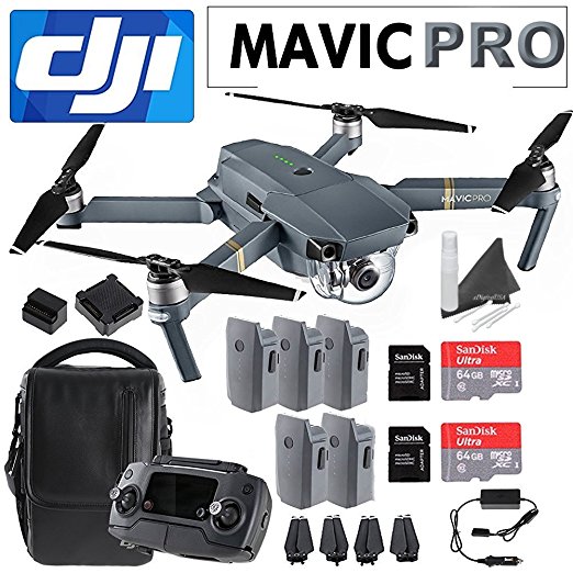 DJI Mavic Pro Collapsible Quadcopter Premium Combo: Includes DJI Shoulder Bag, 5 Intelligent Flight Batteries, Car Charger, Charging Hub, Spare Propellers, 2x SanDisk 64GB MicroSD Cards and more…