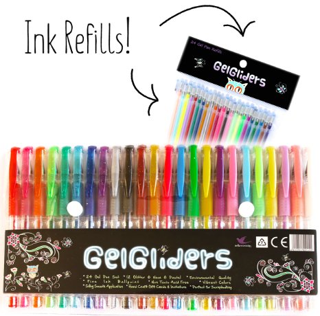 Gel Pens  24 Colored Pens with Bonus 24 Gel Ink Refills  Glitter Neon and Pastel Styles  Coloring and Craft Pen Set for Adults and Kids Includes Black White Gold and Silver  Handy Artist Case