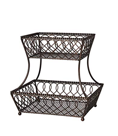 Gourmet Basics by Mikasa 5201553 Loop and Lattice 2-Tier Metal Rectangular Fruit Storage Basket, 14-Inch, Antique Black