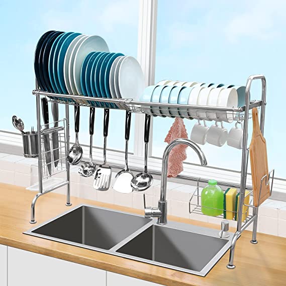 Over The Sink Dish Drying Rack, Ohuhu Height Adjustable 304 Stainless Steel Large Kitchen Storage Dish Rack Drainer with Utensil Holder & 10 Utility Hooks for Counter Sink