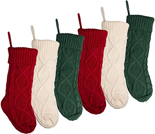 MOSTOP 6 Pack Knit Christmas Stockings,Unique 18 Inches Large Cable Knitted Xmas Rustic Stocking Decorations for Family Holiday Party Decor,Burgundy/Ivory White/Green-Fast Delivery