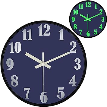 VECELO Night Light Wall Clocks 12 Inches Clock with Silent Non-Ticking Glowing Function - Great for Home Kitchen Bedroom (Night Blue)