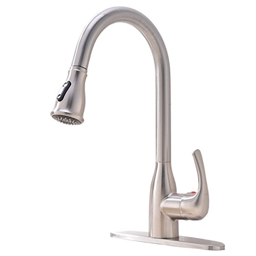 Shaco Commercial Lead Free Single Handle Stainless Steel Brushed Nickel Single Lever Single Hole Pull Out Sprayer Kitchen Faucet, Pull Down Kitchen Sink Faucet