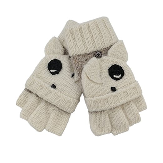 Homep Girls' Wool Fingerless Gloves Knit Gloves and Mittens