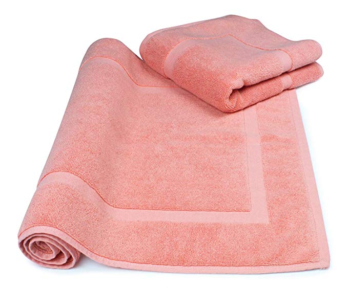 SALBAKOS Luxury Hotel and Spa 100% Turkish Cotton Banded Panel Bath Mat Set 900gsm! 20"x34" (Coral, 2 Pack)