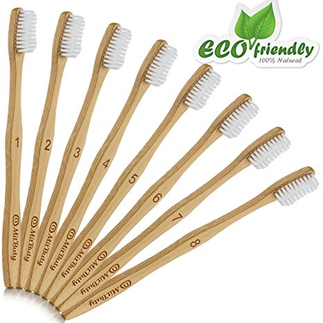 Natural Bamboo Toothbrush [8-Pack] Soft BPA Free Nylon Bristles & Individually Numbered Manual Toothbrushes by MitButy