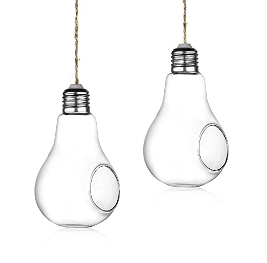 Set of 2 Hanging Light Bulb Terrarium, Clear Glass Air Plant Terrarium With Hanging String, Glass Votive Holders